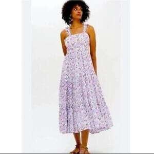 Haute Hippie Midi Dress Womens M White Purple Floral Tiered Smocked Cottage Boho
